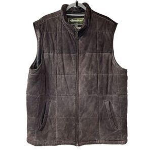 Eddie Bauer Men's 2XLT Brown Fall Quilted Leather Vest Full Zip Outdoor Western